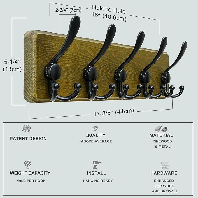 Wall Mount Coat Hanger - Heavy-Duty Robust Barnwood-Style Wooden Hook Rail with 5 Triple Hooks for Winter Coats, Hats, Jackets, Weathered Green & Black