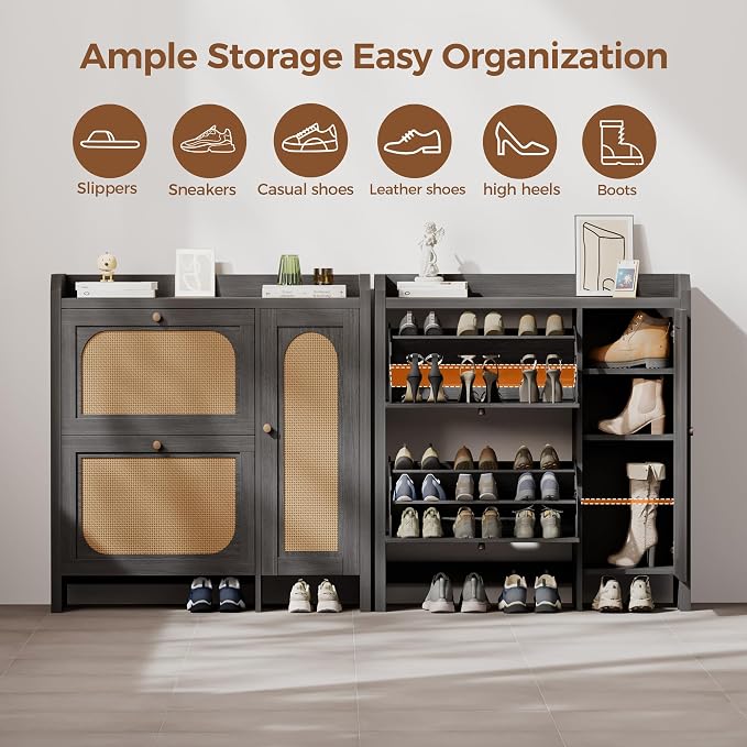Shoe Cabinet Storage for Entryway with 2 Flip Drawers(3-Tier), Rattan Freestanding with Door & 3 Adjustable Shelve,Hidden Shoe Rack Organizer for Hallway, Foyer