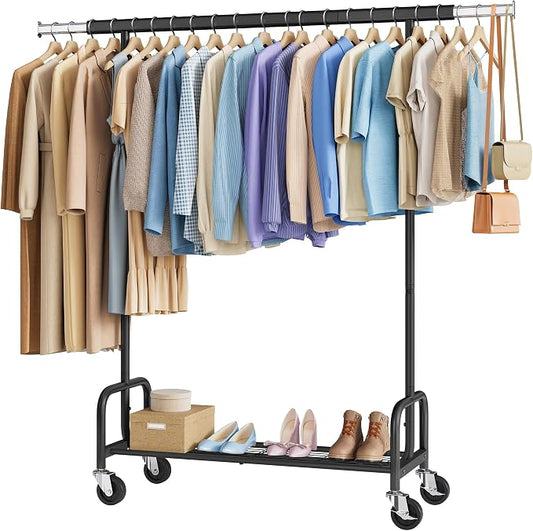 Clothes Rack with Shelf, Adjustable Heavy Duty Load 300 LBS, Black | Rolling Clothing Rack with Extendable Rod, Commercial Portable Garment Rack with Wheels for Bedroom, Laundry Room
