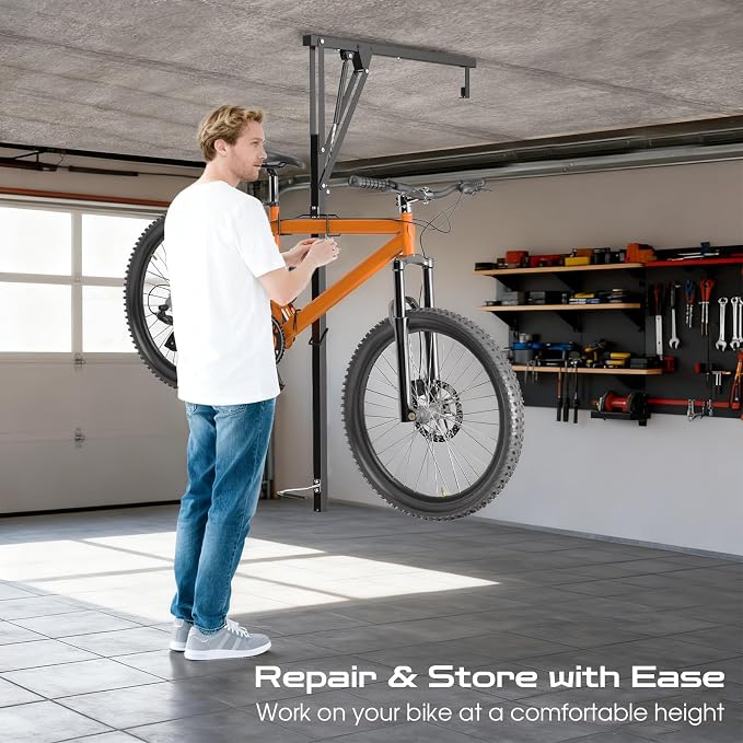 Vanesa Hydraulic Bike Ceiling Mount for Garage - Heavy Duty Pull Down Bike Hanger, Folding Overhead Bike Storage Hoist Holds Up to 66 lbs, Space Saving Bicycle Mount for Garage/Indoor