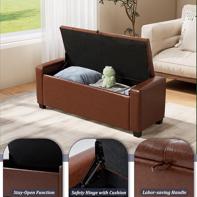 Royal Windsor Ottoman with Storage,Tufted Storage Bench with Safety Hinge,Holds up to 350 lb,Upholstered Bench with Seating for Bedroom, Living Room,Entryway,Leather Brown