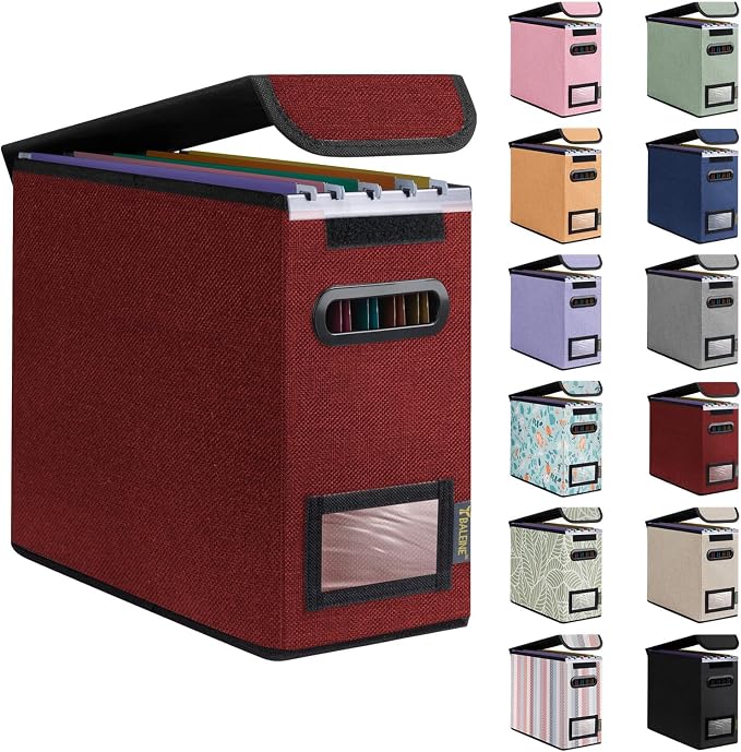 BALEINE File Organizer Box with Lid, Collapsible File Folder Organizer with Plastic Slide, Hanging File Folder Box for Office Document Storage (1 Pack, Red, S)