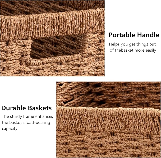 UBBCARE 4 Pack Wicker Basket, 13.4L×8.3H×7.1W inch Woven Paper Rope Storage Baskets for Shelves, Foldable Rectangular Storage Baskets with Handle, Storage Basket for Organizing, Caramel