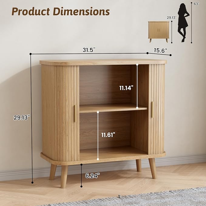 BORNOON Buffet Cabinet with Storage, Curved-Edge Fluted Storage Cabinet Sideboard, Modern Black Sideboard Buffet with Adjustable Shelves & Sliding Door for Dining Room, Kitchen, Entryway (Oak)