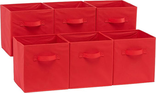 Amazon Basics Collapsible Fabric Storage Bins with Handles, Cube Organizer, Home Organization, 10.5"x10.5"x11", Red, 6-Pack