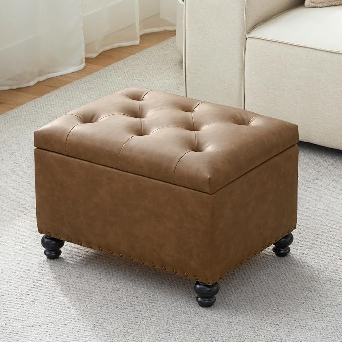 Zihanhome Leather Ottoman with Storage, Upholstered Button Tufted Ottoman Foot Rest, Foot Stools, 24" Rectangle Ottomans with Storage for Living Room, Bedroom, Dorms and Apartments (Caramel Brown-PU)