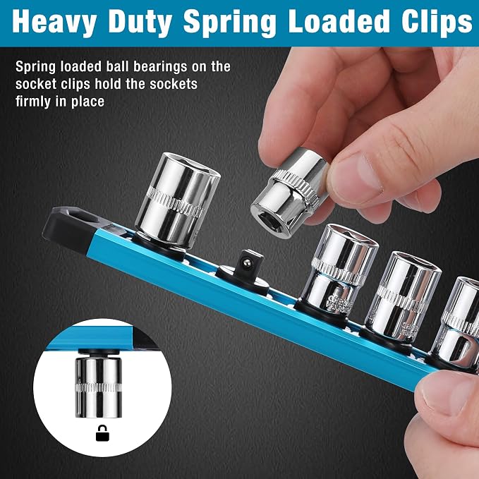 WORKPRO Magnetic Socket Organizer, Heavy Duty 1/4-Inch Drive Socket Rail | 1 Piece Socket Holder with 12 Spots, Aluminum Alloy, Rotatable & Movable Clips, Efficient Organization