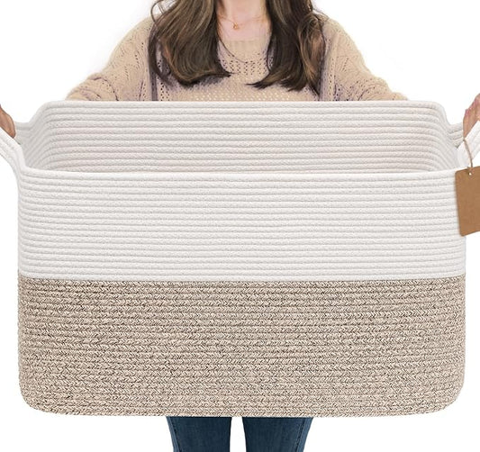 Goodpick Extra Large Cotton Rope Blanket Basket, Rectangle, Light Brown | 75L, 22 × 17 × 12 in, Reinforced Handles, Blankets, Toys & Clothes Storage, Living Room, Bedroom & Nursery Organization