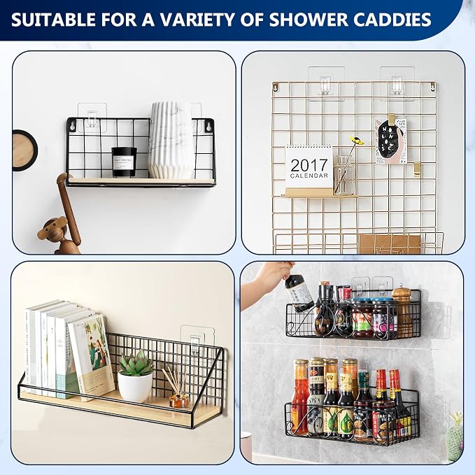 Shower Caddy Adhesive Replacement Hooks, Strong Waterproof Strips, No Drilling for Bathroom Shelves, Kitchen Racks, and Soap Holders (Transparent-14 Pack 1Hook)