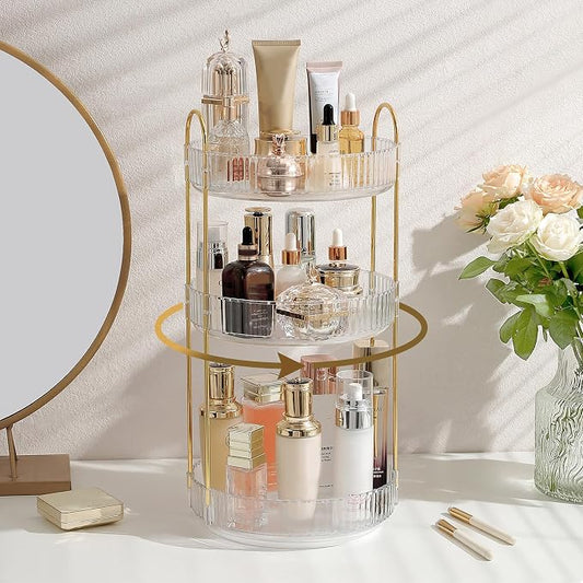 Aveniee 3-Tier 360° Rotating Makeup Organizer, Clear Spinning Perfume Cosmetic Storage for Vanity Countertop, Sturdy Metal Pole Skincare Holder Stand for Bathroom Dresser, White