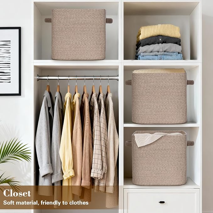 15×13 Inch Storage Cubes, 3 Pack Cube Storage Bins for Organizing, Cotton Rope Woven Baskets for Shelves, Bathroom, Kids Room, Closets, Baby Nursery