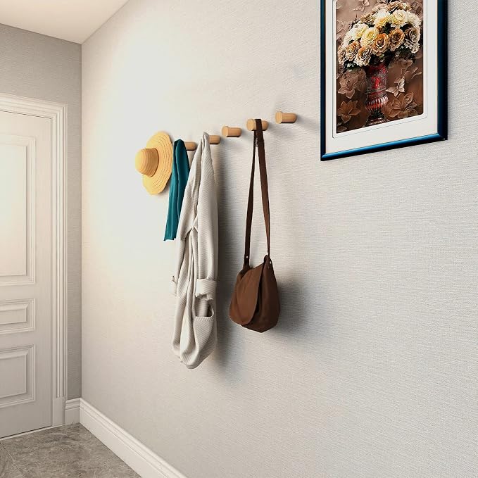 bsdonte Wood Wall Hooks 6 Pack, Natural Wooden Coat Hooks Wall Mounted, Handmade Rustic Hat Hooks Heavy Duty Entryway Wall Hangers for Hanging Towels, Clothes, Bags (Beech Wood)