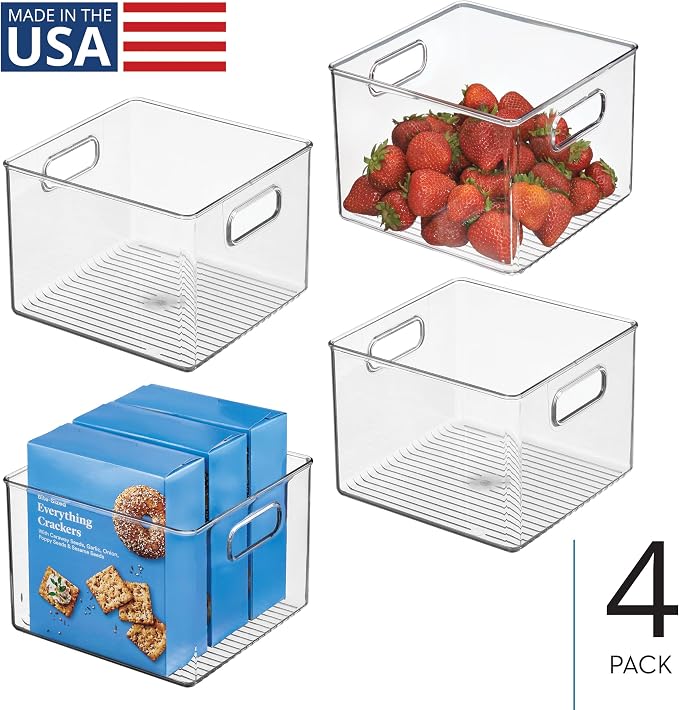 iDesign Clear Plastic Storage Bins, 4-Pack | For Kitchen Pantry and Fridge, For Cabinets and Shelves