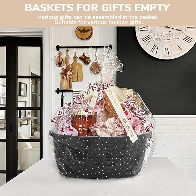 CHICVITA Small Woven Boo Basket Empty with Bags & Ribbon for Gift, Black | 12"x 8"x 5" Woven Gift Basket Empty to Fill, Baskets for Organizing, Cute Basket for Dogs Cats, Organizer for Shelves
