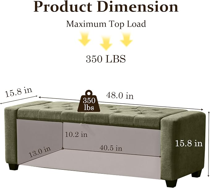 Royal Windsor 48" Ottoman with Storage,Tufted Storage Bench with Safety Hinge,Holds up to 350 lb,Upholstered Bench with Seating for Bedroom,Living Room,Entryway,Linen Green