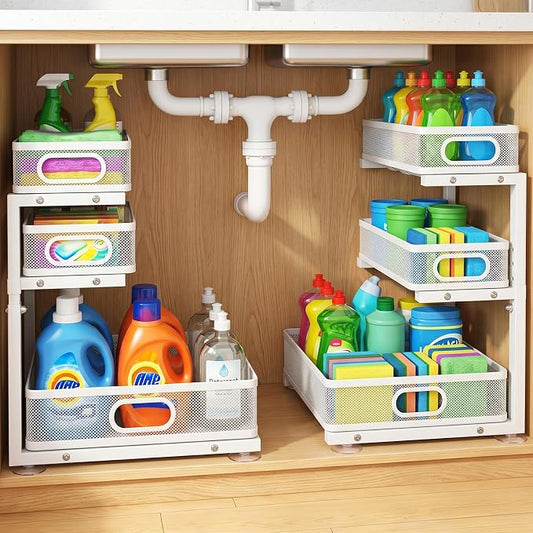 Under Sink Organizer, 3 Tier Pull Out Cabinet Organizer with 5 Adjustable Heights, Metal Under Sink Storage with Sliding Drawers for Kitchen, Bathroom, Pantry and Laundry Room, 2-Pack White