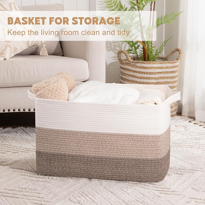OIAHOMY Extra Large Blanket Basket, 110L Cotton Rope Woven Laundry Basket, Toy Bin for Baby Room, Container for Blanket Storage in Living Room, 24.8''×17.3''×15.8'', Gradient Brown