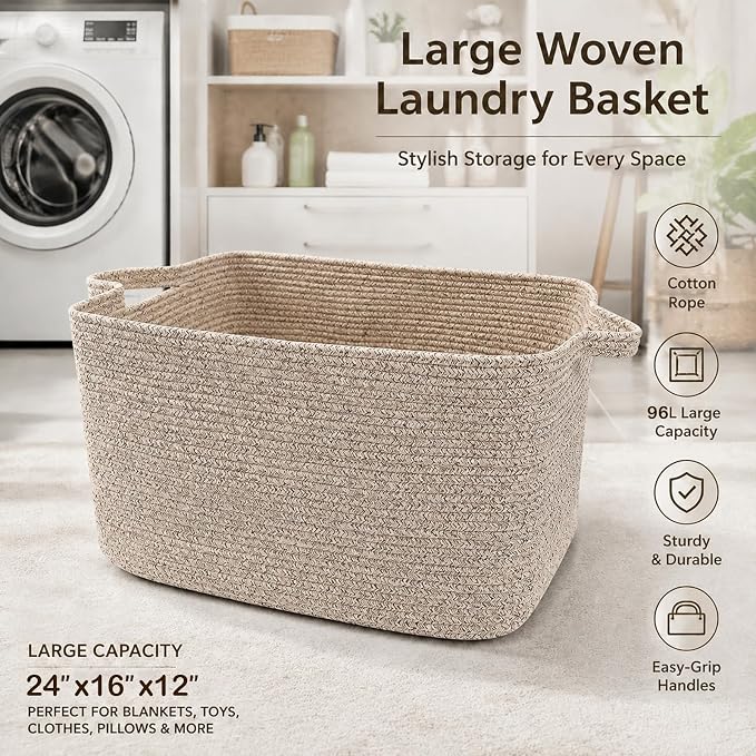 96L Extra Large Brown Cotton Rope Laundry Basket with Sturdy Handle | 24x16x15 Foldable Rectangular Blanket Basket for Toys, Clothes & Pillows,Ideal for Nursery, Bathroom, Bedroom, Living Room