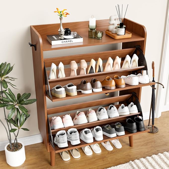 YZ HOME Shoe Storage Cabinet with 2 Flip Drawers | Entryway Shoe Cabinet, Metal Hooks & Adjustable Shelves, Freestanding Narrow Shoe Rack for Hallway Foyer, Walnut