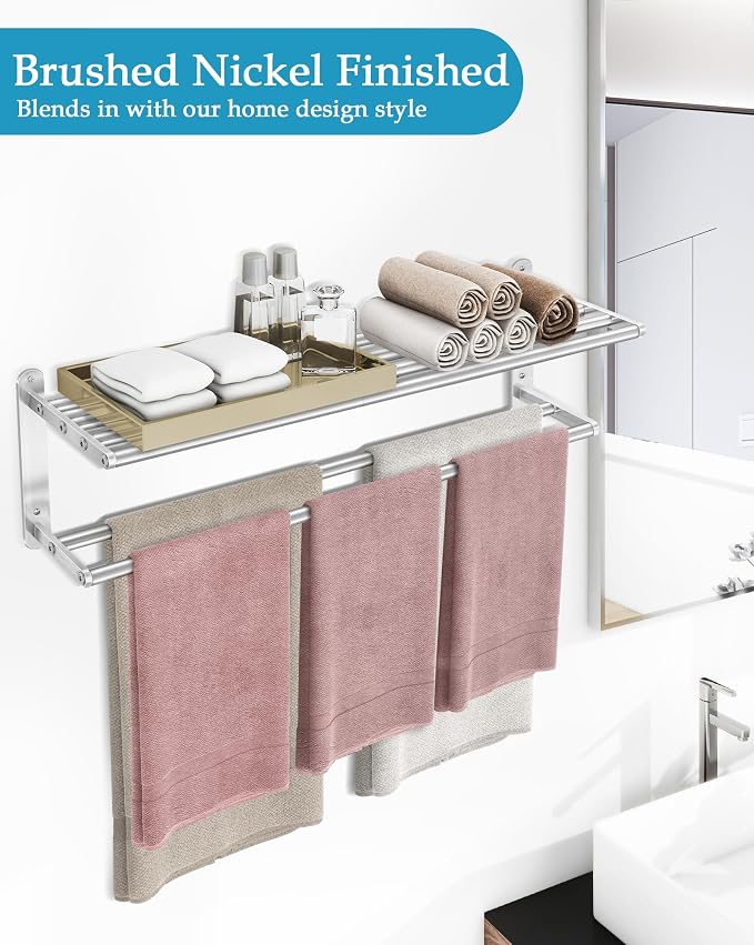 VOTZAAQ 32 in Towel Racks for Bathroom, Bath Towel Shelf with Double Towel Bar, Stainless Steel Towel Storage for Lavatory Wall Mounted, 2-Tier Towel Hanger Towel Holder, Brushed Nickel