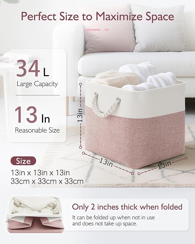 Patvingot 13-Inch Fabric Cube Storage Bins with Handles,4 Pack,Foldable | For cube shelves and closets,keeps grouped for everyday access,reinforced opening and fold-flat storage,white and pink