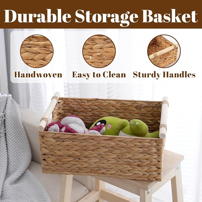 Wicker Storage Basket, Woven Shelf Organizer, 15.5x10.8x6.2 Inch | 15.5x10.8x6.2" natural wicker basket with handles; rectangular shelf organizer for kitchen, bathroom and living spaces.