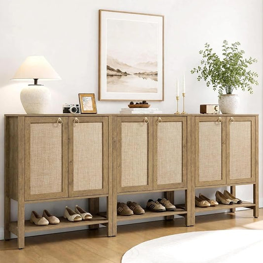 SICOTAS Rattan Shoe Cabinet with Storage, 5 Tier, 3 Pieces | Boho Shoe Organizer with Doors & Shelves, Free Standing Shoe Rack Storage Cabinet for Entryway, Living Room (Carbon Cherry)