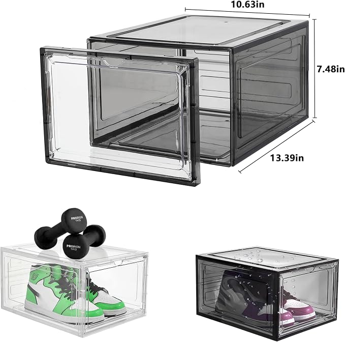 Attelite 12Pack Shoe Boxes Storage Stackable Clear Shoe Organizer Black | Clear Shoe Box for Sneakers Boots & Heels,X-Large,Thicken & Sturdy Plastic,Magnetic Door,Fit up to US Size 12,Easy Assembly