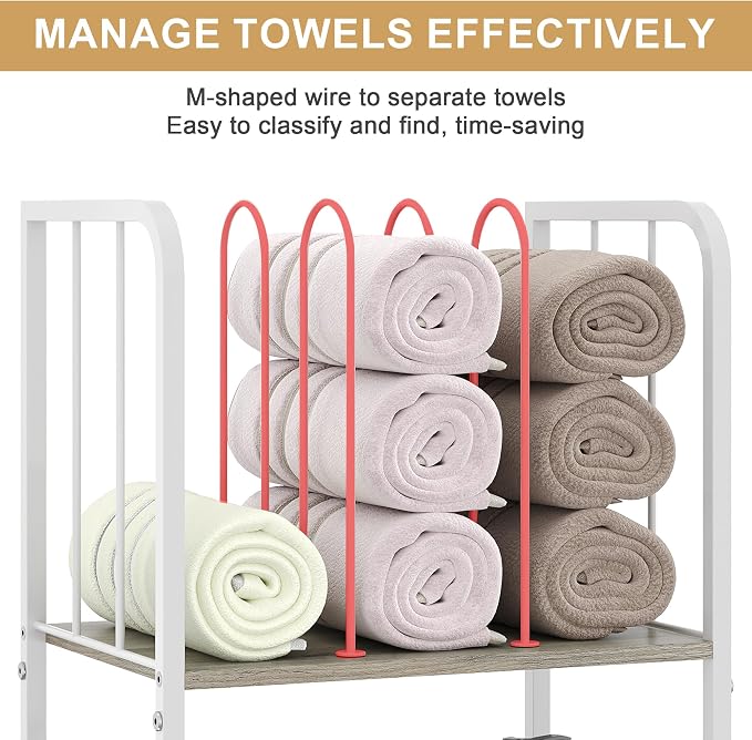 3-Tier Freestanding Towel Racks for Bathroom, White Towel Rack Stand | Detachable M-shaped Dividers for Bath Towel Storage Premium Iron & Wood Holder Crafted for Bathroom Organization