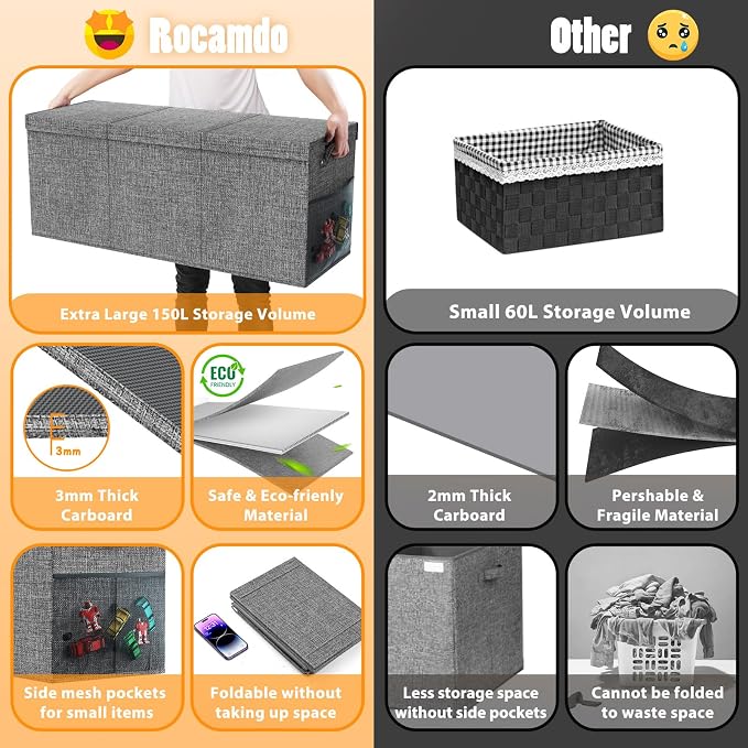 Rocamdo Large Toy Storage Box with Lid & Dividers, Kids Toy Chest, Gray | Toy Box for Boys, Girls, Nursery, Bedroom, Living Room, Playroom, 40X14X16 inches