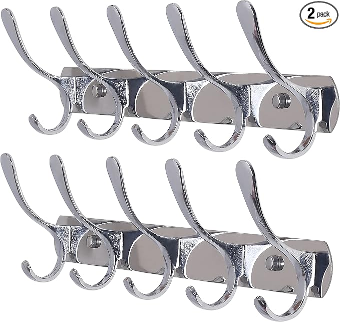 SKOLOO Coat Rack Wall Mount - Modern, Metal Wall Coat Rack with 5 Hooks, Pack of 2, Sturdy Wall Hook Rack Rail for Hanging Coat, Jacket, Clothes, Hat, Silver