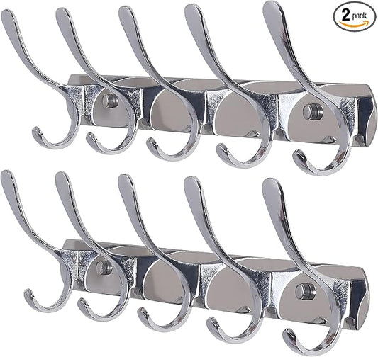 SKOLOO Coat Rack Wall Mount - Modern, Metal Wall Coat Rack with 5 Hooks, Pack of 2, Sturdy Wall Hook Rack Rail for Hanging Coat, Jacket, Clothes, Hat, Silver