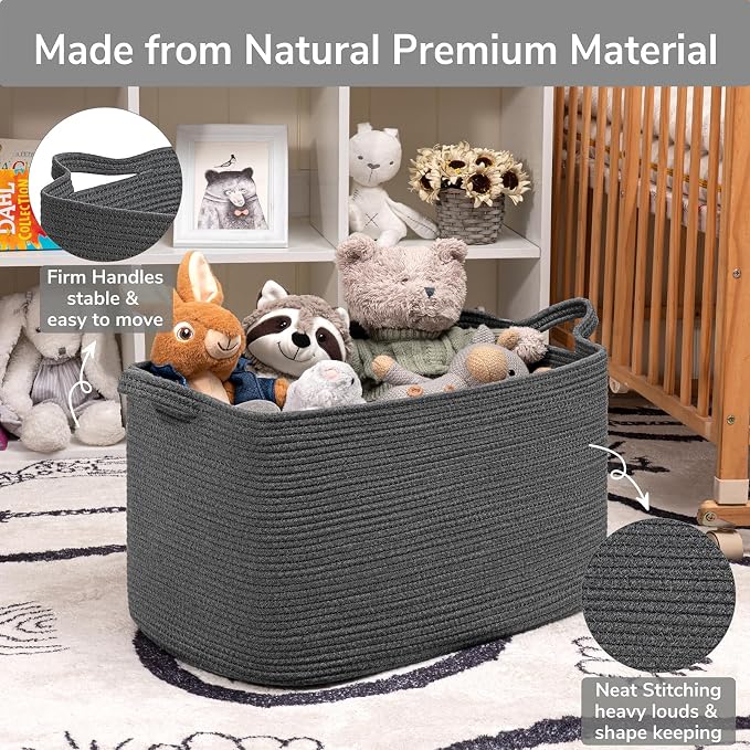Goodpick Extra Large Woven Storage Basket, Cotton Rope, Dark Gray | 85L, 23.6 x 15.7 x 13.8 in, Living Room, Bedroom & Nursery Organization, Blankets, Clothes, Toys & Pillows Storage