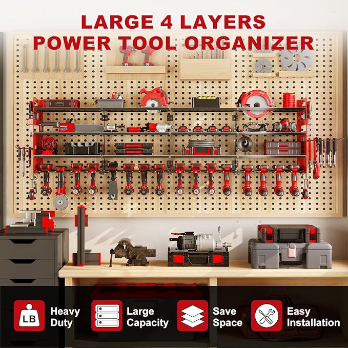 Large Power Tool Organizer Wall Mount, 16 Drill Holders Storage Rack, Red | 4-Tier Heavy-duty Wall Rack Holds 16 Cordless Drills, Saving Valuable Garage and Workshop Space