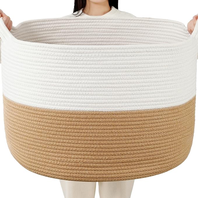 Foldable Laundry Hamper Basket with Collapsible Handle Cotton Rope Soft Woven Fabric Storage Organizer Clothes Toys Nursery Bedroom Dorm Space Saving Bin (White & Camel, 65L(19.7"D x 12.6"H))
