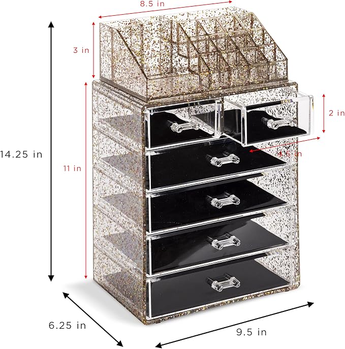 Sorbus Acrylic Makeup Organizer Set, 6-Drawer Vanity & Countertop Cosmetic Storage with Small & Wide Compartments, Glitter Makeup Storage for Brushes, Jewelry – Holiday Gift for Women & Teens