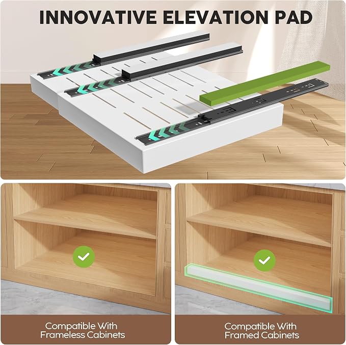 Seinloes 4 Pack Pull Out Cabinet Organizers 21" Deep With Raising Pad for Framed Cabinets, Expandable Width (15.2"-26.3") Slide Out Drawers Upgrade 3 Slide Rails, Roll Out Shelves Adhesive, White