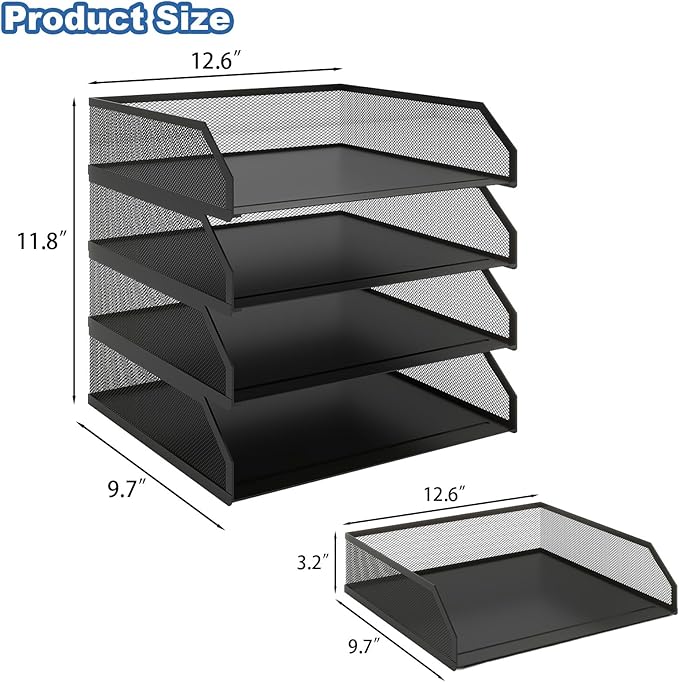 Natwind 4-Tier Stackable Metal Mesh Paper Organizer with Sliding Tray,Black | Desk Organizer for Office Supplies, Letter Tray For Desktop,File Holder For Home School Classroom Organization