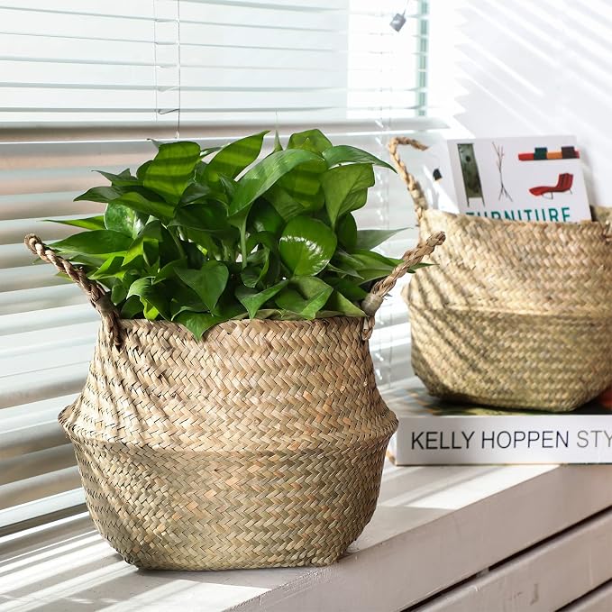 Qunclay 8 Pcs Woven Seagrass Baskets Belly Basket Folding Boho Natural Plant Pot with Handles Round Decorative Wicker Large Indoor Planter for Home Outdoor Tree Planters Decor (9 x 11 Inch)