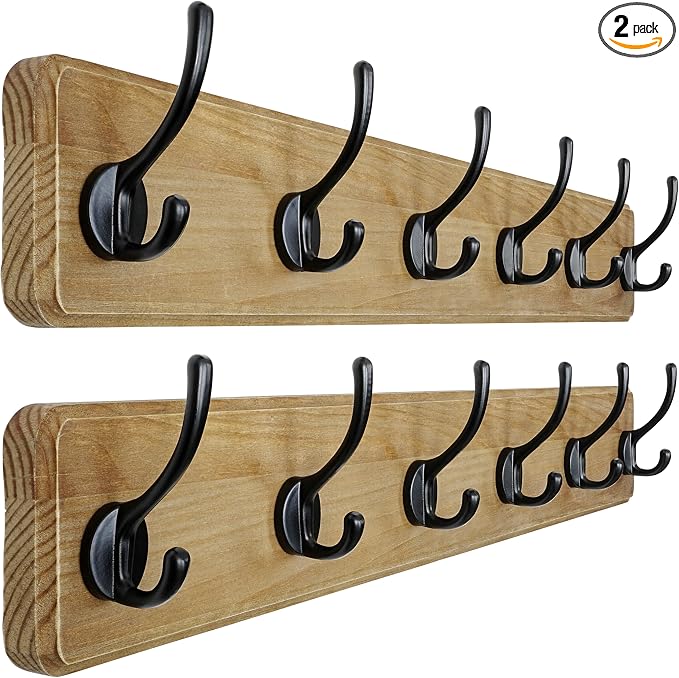 Wall Mounted Coat Rack: 24" Long, Patented, Heavy-Duty, 6-Double-Hooks Wooden Hanger Rail for Winter Coats, Hat, Jacket, Clothing - Weathered Brown, Pack of 2