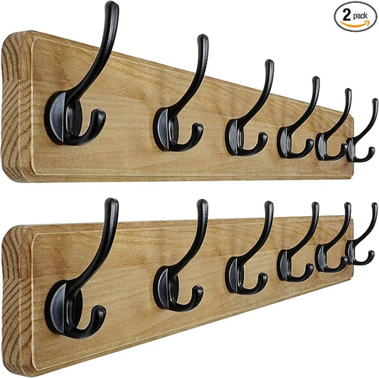Wall Mounted Coat Rack: 24" Long, Patented, Heavy-Duty, 6-Double-Hooks Wooden Hanger Rail for Winter Coats, Hat, Jacket, Clothing - Weathered Brown, Pack of 2