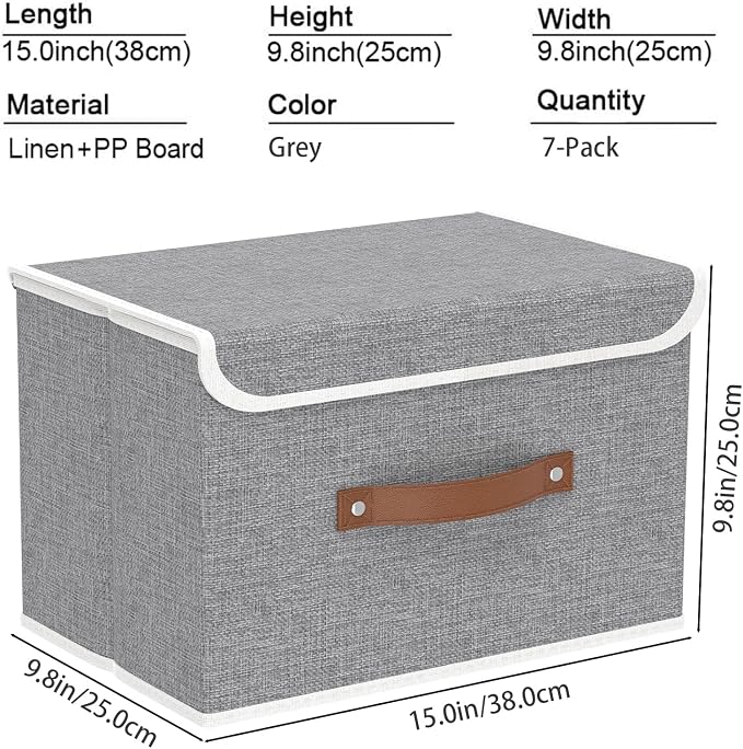 Yawinhe Fabric Storage Boxes with Lids,Grey,15.0x9.8x9.8in,7-Pack | Container with Leather Handle,Washable Storage Basket, Clothes Blanket Bin,Collapsible Closet Organizer for Bedroom