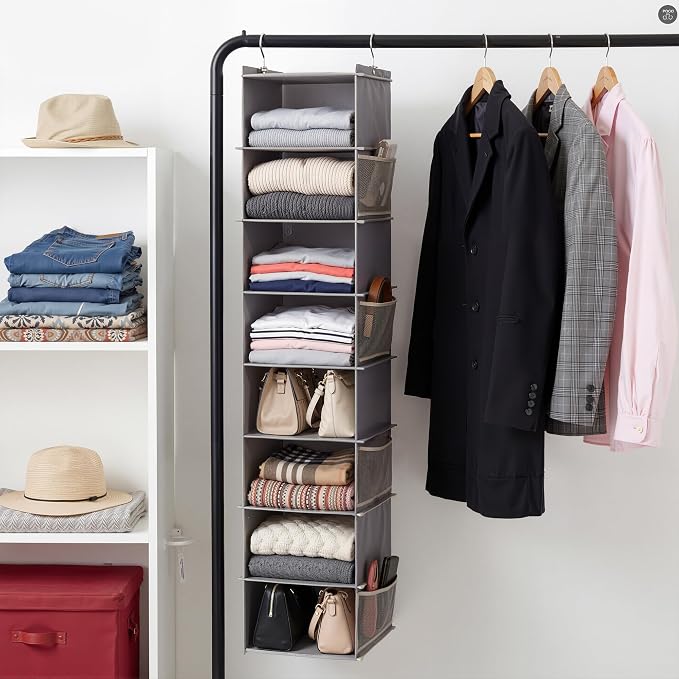 YOUDENOVA Upgraded Extra Wide Hanging Shoe Organizer for Closet, 8-Shelf Storage Organizer with 8 Side Pockets, Hanging Shoe Rack for Hats Clothes Jeans, 2 Packs, Grey