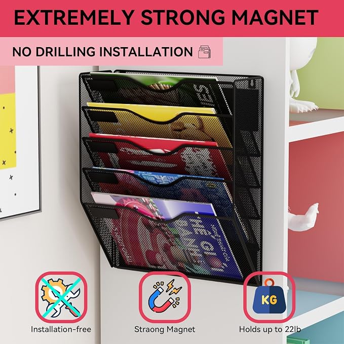 5-Tier Magnetic File Holder, No Drilling Wall File Organizer, File Folder Bins, Mail & Magazine Rack, Magnetic Paper Document Holder for Refrigerator File Cabinets Whiteboard, Black