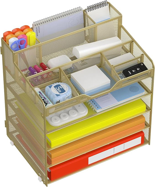 Docnest 5 Tier Mesh Desk Organizer with Letter Tray & Paper Sorter, Gold | Features 3 built-in pen holders & 5 adjustable compartments on top. Includes 4 non-slip rubber feet for desk protection