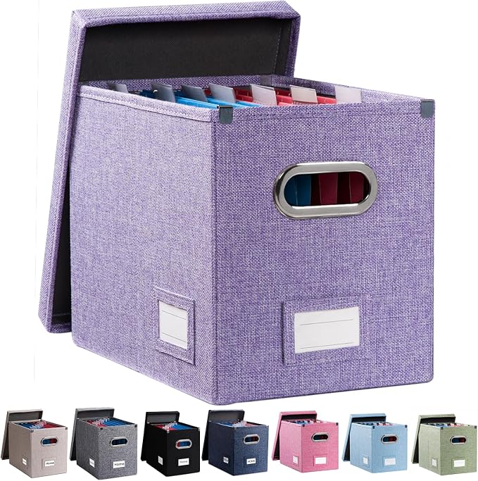File Organizer Box - Set of 1 Collapsible Decorative Linen Filing Storage Hanging File Folders with Lids Office Cabinet Letter Size Purple (14x9.3x10.8 inch)