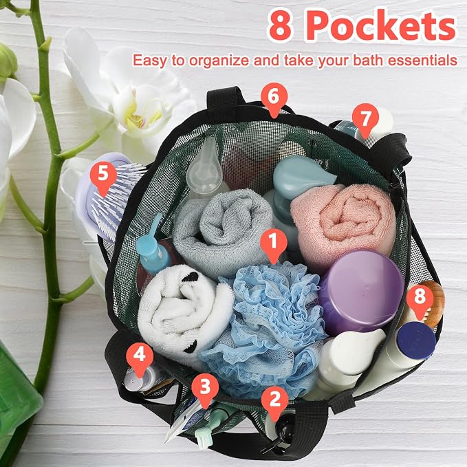Fammart Mesh Shower Caddy Portable for College Dorm Room Essentials, Odorless Polyester Large Shower Tote Bag with Dual Handles, 8-Pocket Quick-Dry Toiletry Organizer for Travel, Beach, Camping, Gym