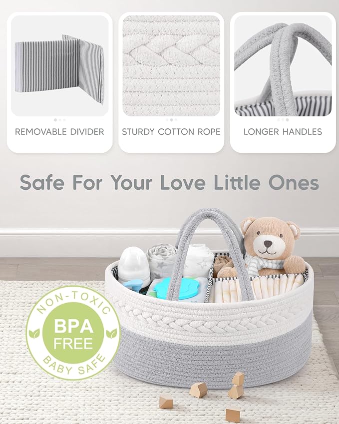 Maliton Diaper Caddy Organizer for Baby Boy- Cotton Rope for Changing Table, Nursery Storage, Newborn Baby Must Have Items