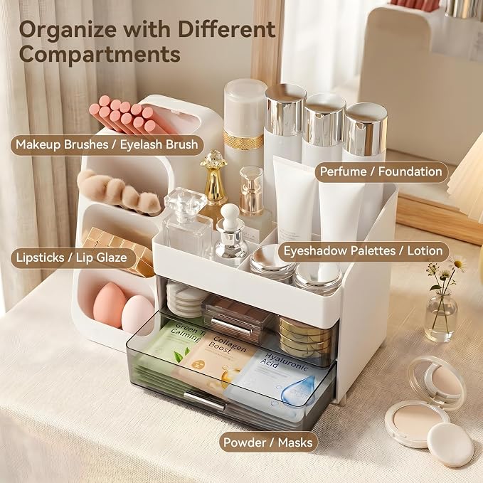 Makeup Organizer for Vanity with Brush Holder and 2 Drawers, White | Large-Capacity Makeup Holder Organizes Skincare, Cosmetics and Daily Beauty Products for Tidy Vanity and Bathroom Counters