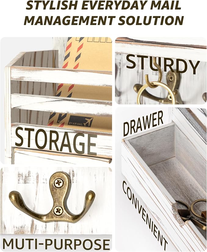 Rebee Vision Mail Organizer Wall Mount with Drawer for Entryway, Whitewash | Key and Mail Holder for Wall, 7 Key Hooks, Drawer Storage, Mail Sorter, Key Hanger Home Organization, Apartment Essentials